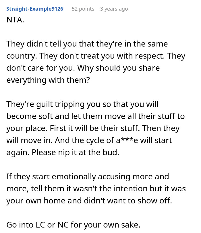 User comment discussing parents being mad about daughter buying a house secretly and advice on handling respect and guilt tripping.
