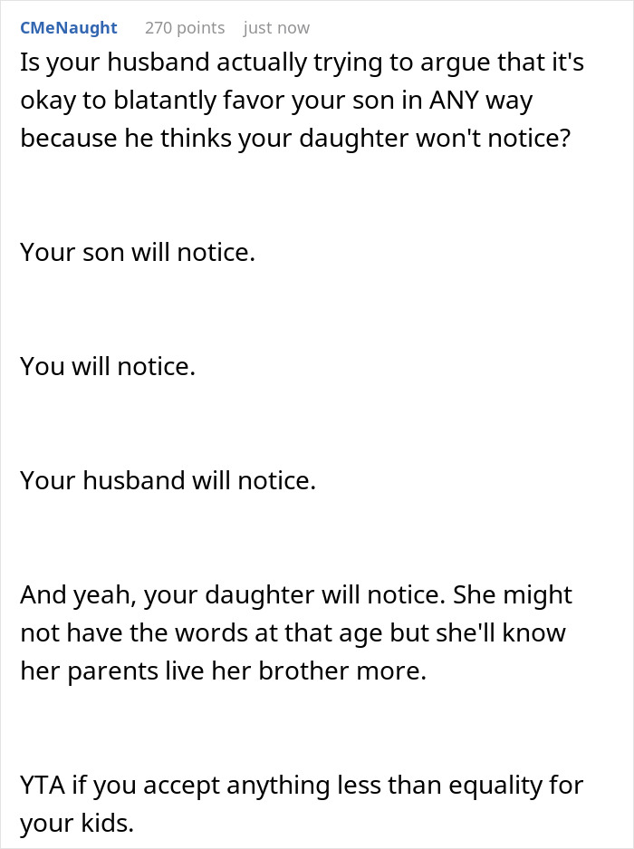 Commenter criticizing cruel dad for favoring son and ignoring daughter's birthday, highlighting family inequality concerns.