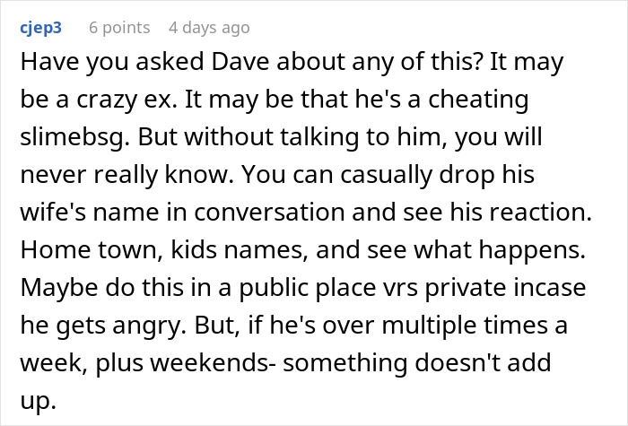 Comment discussing suspicion in a relationship after a text from boyfriend&rsquo;s wife, suggesting ways to confirm the truth.