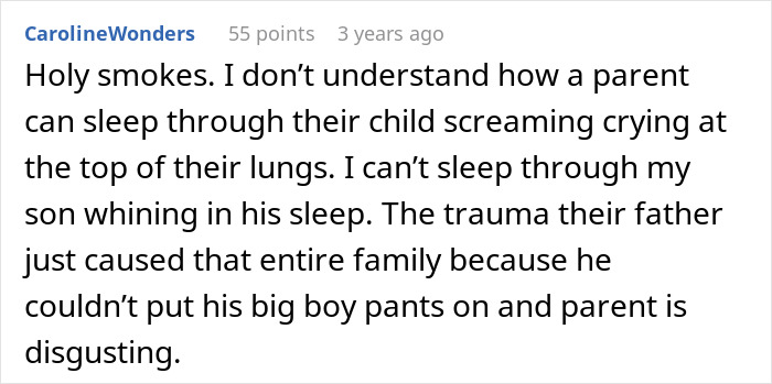 Comment about mom coming back from a long shift to a messy home with baby screaming and son panicking while husband sleeps.