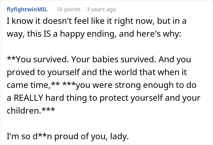 Comment expressing pride and encouragement to a mom who survived a hard situation protecting her children after a long shift.