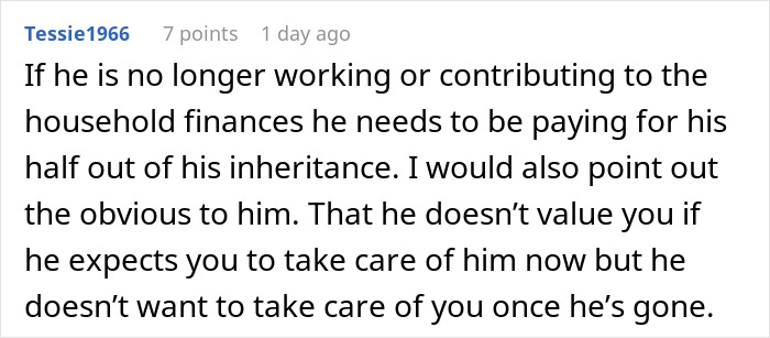 Comment discussing husband lying about inheritance and wanting to leave wife who cares for him with nothing.