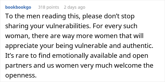 Man Praises Wife For Accepting Him When He Cries, Learns That She Loses Romantic Feelings Each Time Man Praises Wife For Accepting Him When He Cries, Learns That She Loses Romantic Feelings Each Time