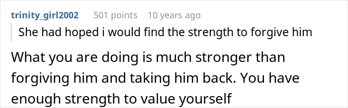 Screenshot of a heartfelt online comment about strength and self-value after regret in a broken relationship.