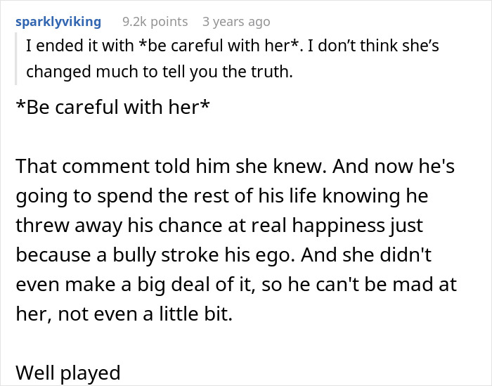 Comment from user sparklyviking revealing how discovering husband's affair changed lives and affected their happiness and ego.