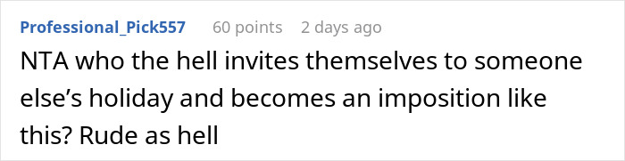 Screenshot of an online comment expressing frustration about a woman joining a vacation and room sharing conflicts.