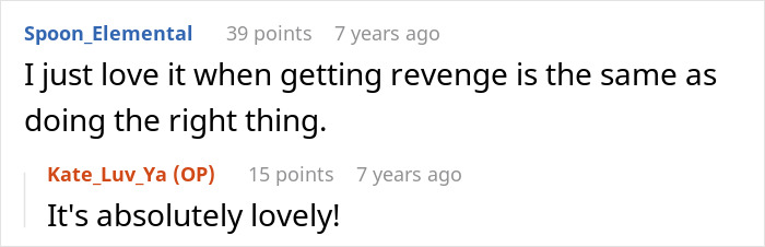 Text conversation showing praise for getting revenge by doing the right thing in an office theft and bullying situation.