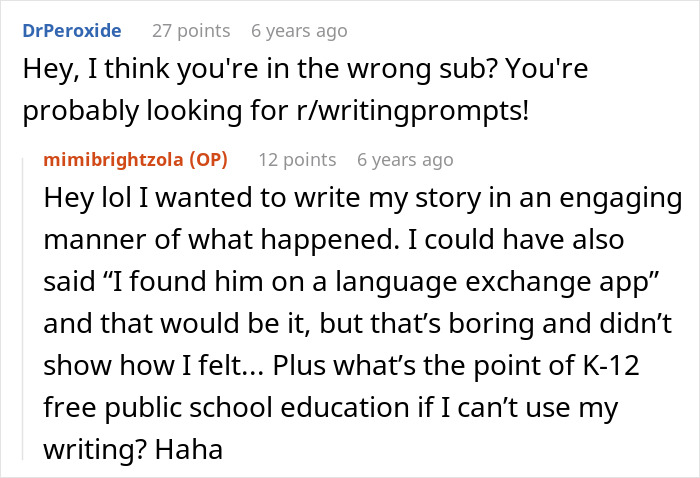 Screenshot of a Reddit conversation about writing a story involving a perfect first date abroad and deleting a dating app.
