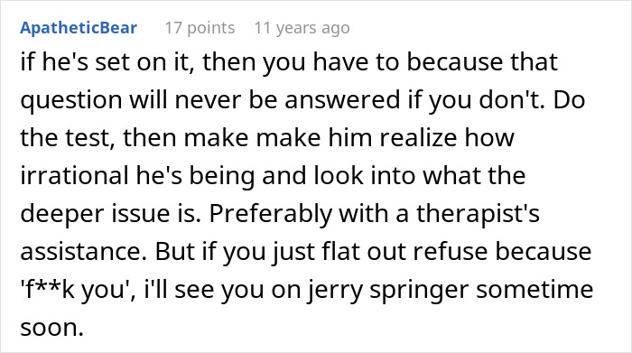 Comment discussing the importance of taking a secret paternity test for a newborn baby and testing the wife.