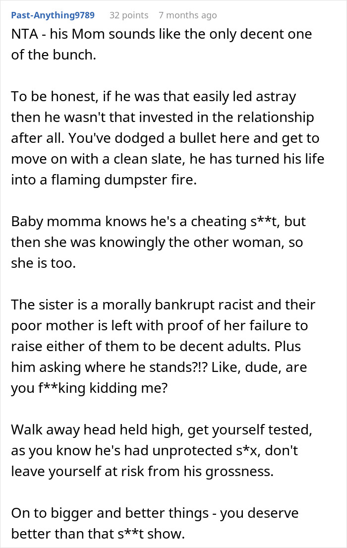 Reddit comment discussing a woman confronting her boyfriend and his pregnant mistress in front of coworkers.
