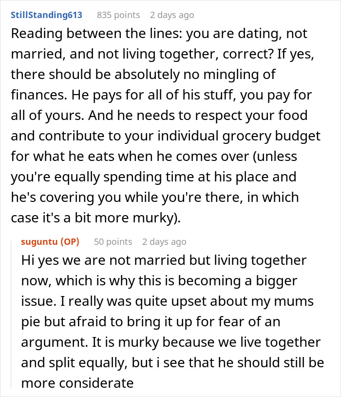Online discussion about a guy paying 50% for meals and groceries while causing tension over food sharing.