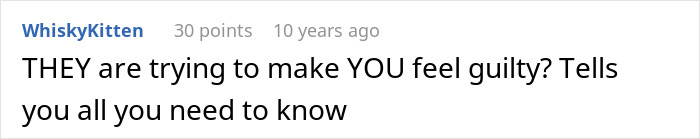 Screenshot of a forum comment discussing guilt and emotional manipulation after cutting off parents.