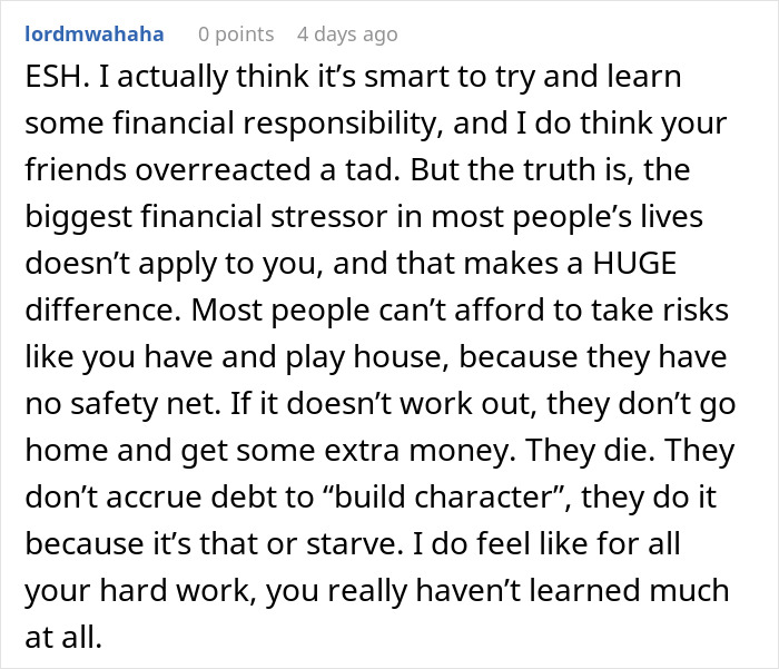 Screenshot of online comment discussing financial privilege and responsibility, highlighting disconnect from reading the room.