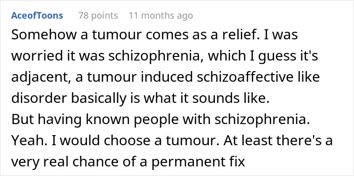 Comment discussing imagining things and hearing voices, relating to schizophrenia and brain tumor diagnosis concerns.