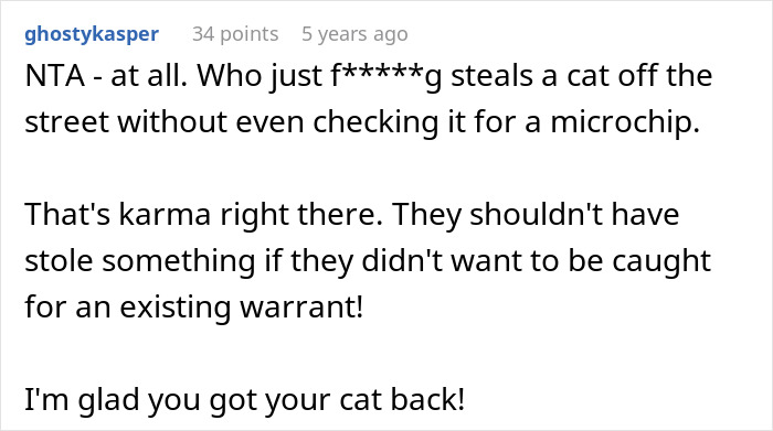 Comment discussing neighbors stealing a cat and the woman called a spoiled brat for crying to her sheriff dad.
