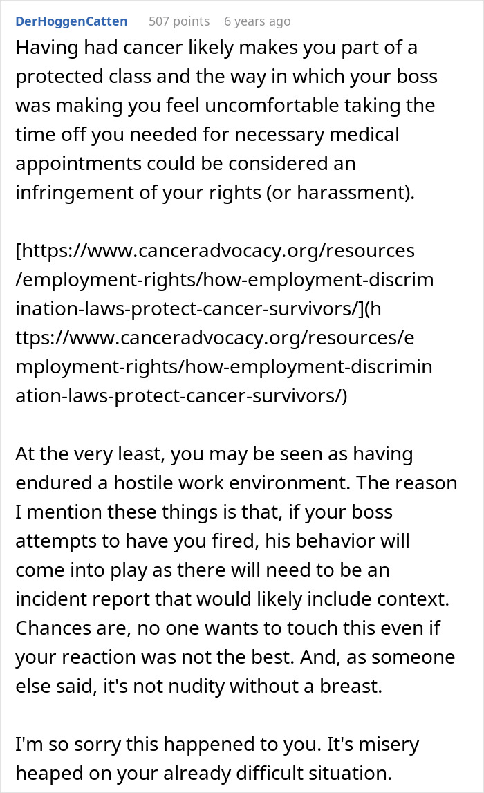 Cancer survivor discusses workplace discrimination and rights while addressing rumors by lifting her shirt to silence critics.
