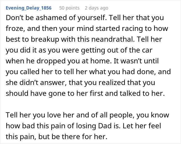 Text excerpt from an online comment about breaking up a 3-year relationship after a key confrontation.