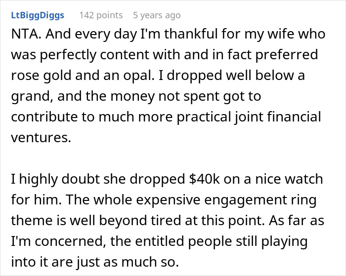 A Reddit user's comment on an expensive engagement ring complaint. Discussion about a $40K ring complaint.