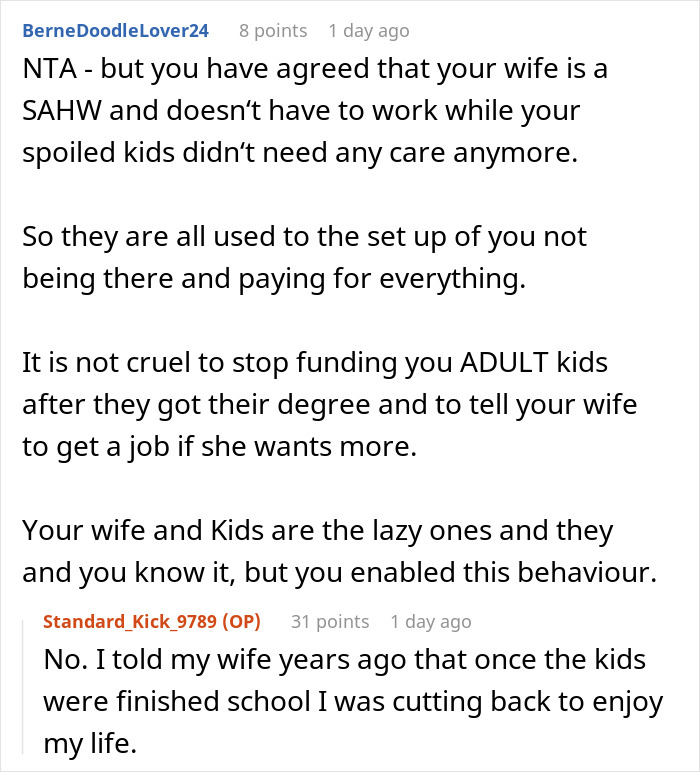 Reddit discussion about homemaker and adult kids lacking luxury cars, exhausted husband suggests wife get a job.