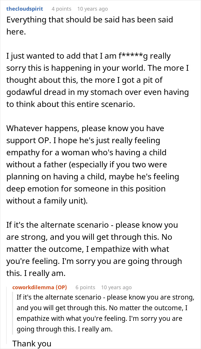 Screenshot of a supportive online discussion about a man taking care of pregnant coworker and wife finding out the truth.