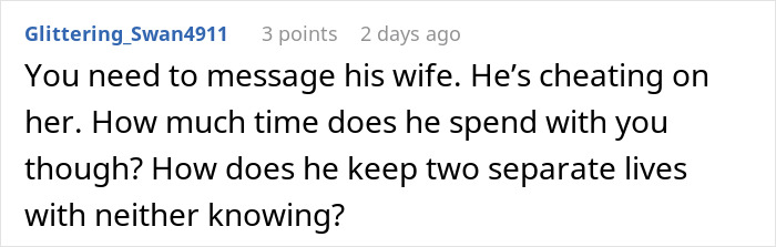Reddit commenter warns about boyfriend&rsquo;s double life and cheating, questioning how he manages two separate relationships.