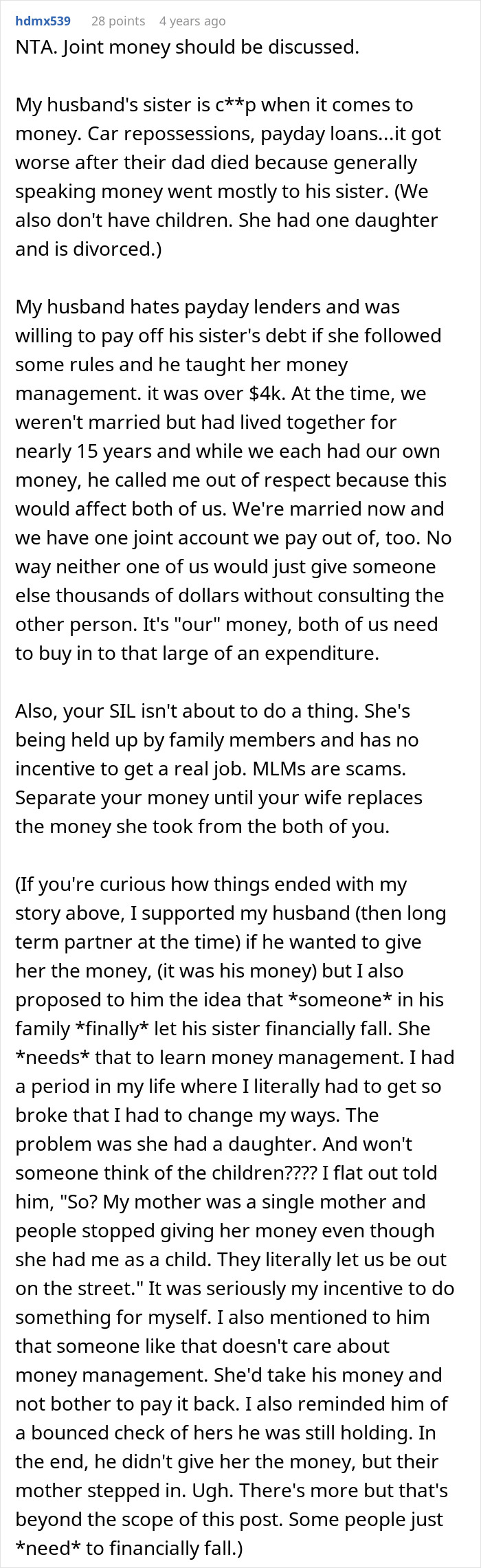 Screenshot of a forum post discussing a man discovering wife secretly sent $2K to sister&rsquo;s pyramid scheme and financial issues.
