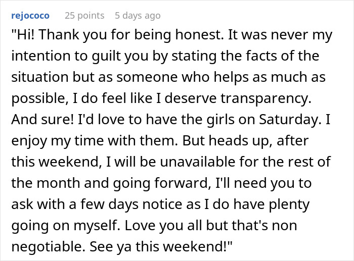 Text conversation showing a sister setting boundaries about co-parenting and free sitting responsibilities.