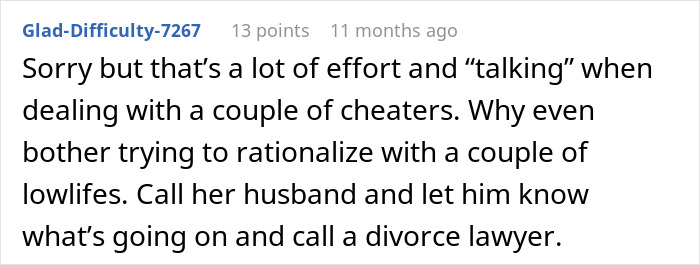 Screenshot of a Reddit comment discussing dealing with cheating and advising to inform the husband and call a divorce lawyer.