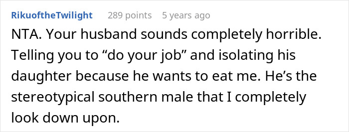 Screenshot of a comment criticizing a vegan-hating husband for isolating his daughter and ruining her friendship.