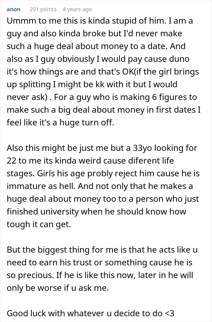 User comment discussing money issues and trust in a gold-digger test situation during dating experiences.