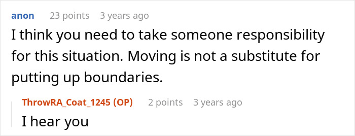 Screenshot of an online discussion about a woman moving with family to escape in-laws who follow her, with a husband involved. Screenshot of an online discussion about a woman moving with family to escape in-laws who follow her, with a husband involved.