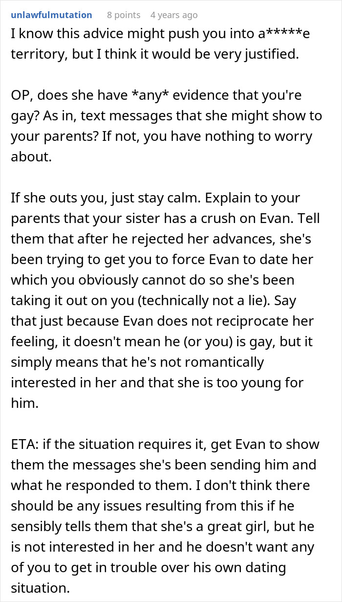 Text advice on handling a sister who catches a guy with his secret boyfriend and wants to date him instead.