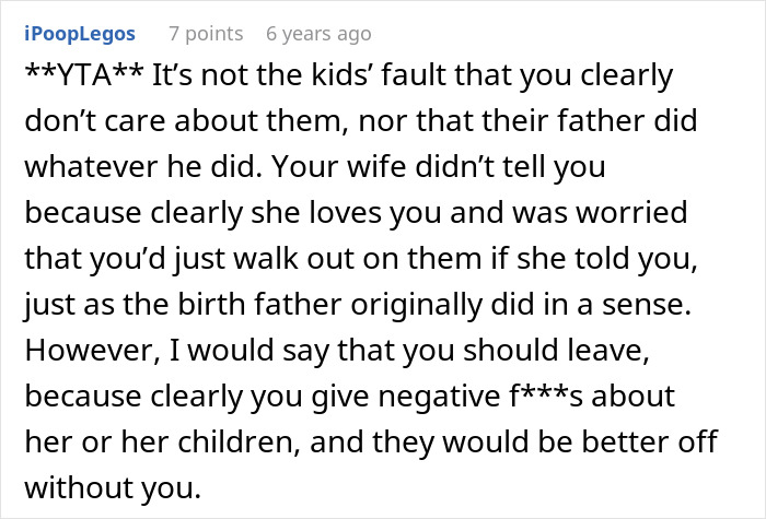 Comment discussing a man who refuses to adopt wife&rsquo;s kids after discovering truths about their father, highlighting family conflict.