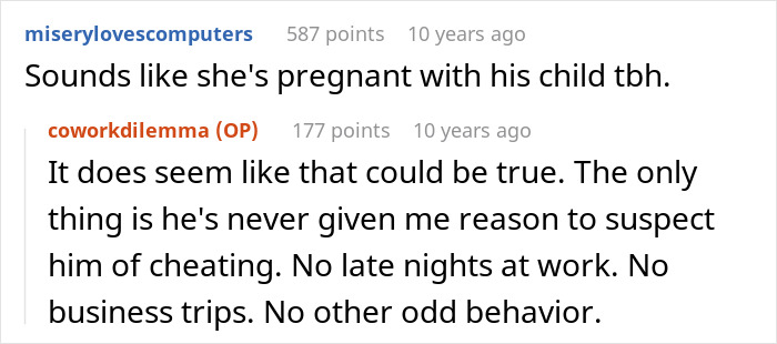Reddit comments discussing a pregnant coworker and suspicions about a husband&rsquo;s behavior at work.