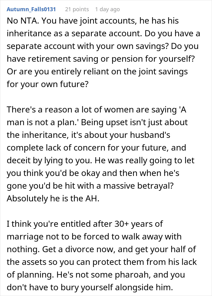 Comment discussing husband's lies about inheritance and wife being left with nothing despite caring for him for years.