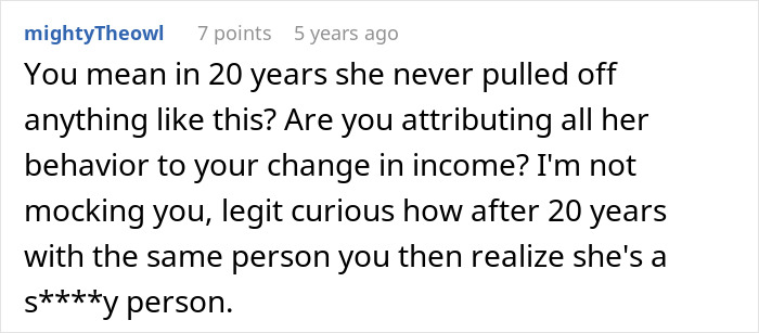 Comment from user mightyTheowl questioning a husband&rsquo;s complaint about his wife&rsquo;s behavior after 20 years, with focus on relationship issues.