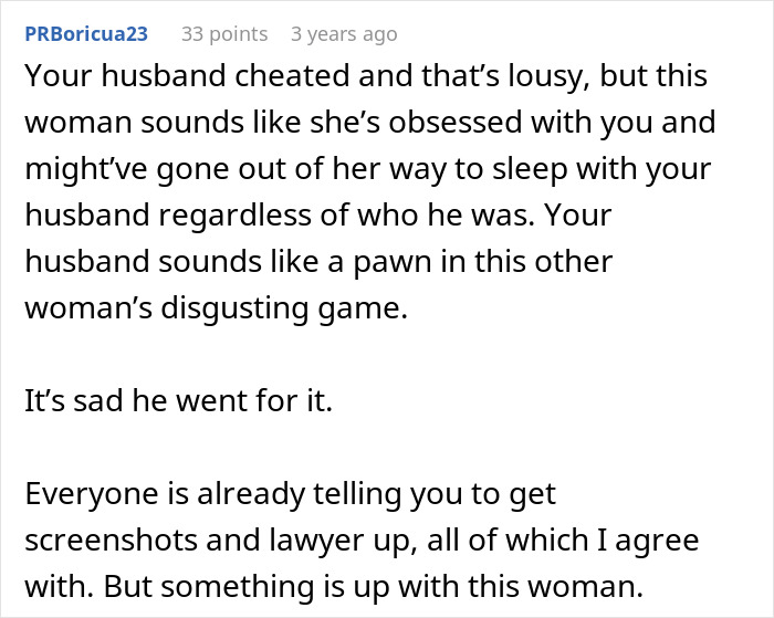 Screenshot of a Reddit comment discussing a woman&rsquo;s life changes after uncovering husband&rsquo;s affair and cheating betrayal.