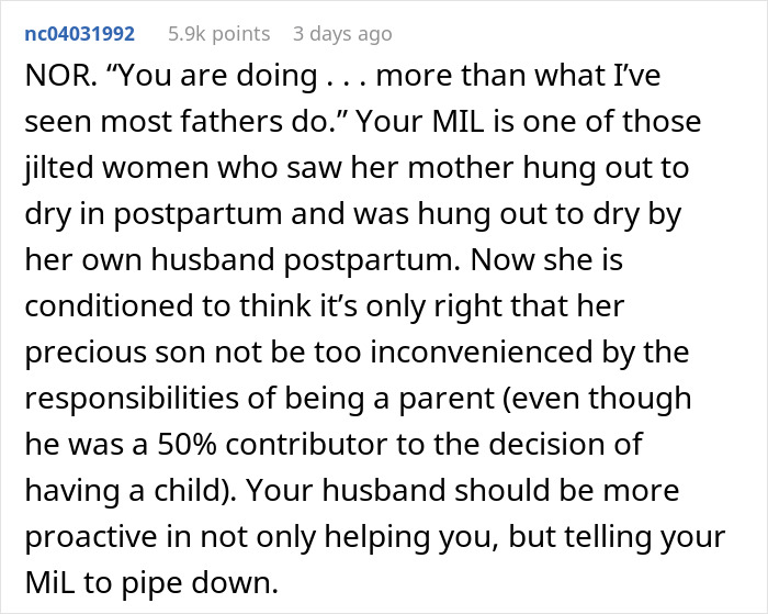 Comment discussing concerns about a man&rsquo;s involvement in baby care and his mother&rsquo;s worries about him doing too much.
