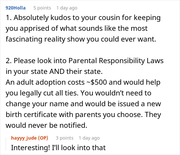Reddit user advises gay man on legal steps to cut ties with parents after being kicked out, discussing parental responsibility laws.