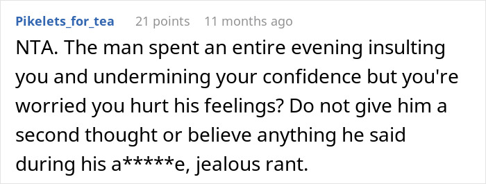 Screenshot of a forum comment where a user defends a woman against a man's accusations of sleeping her way to success.