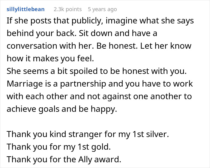 User comment offering advice on marriage and relationships in a discussion about a guy complaining about his wife.