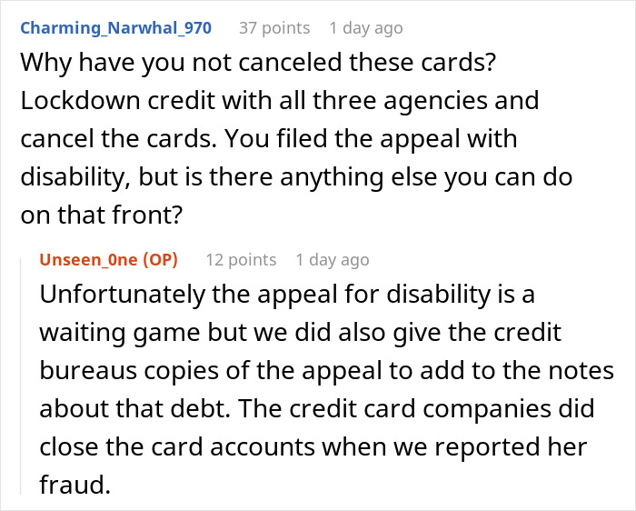 Reddit conversation discussing filing bankruptcy and managing debt with credit bureaus and card accounts.