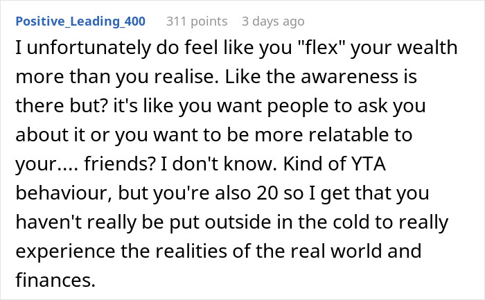 Screenshot of a Reddit comment discussing someone who grew up wealthy and struggles to read the room, causing social issues.