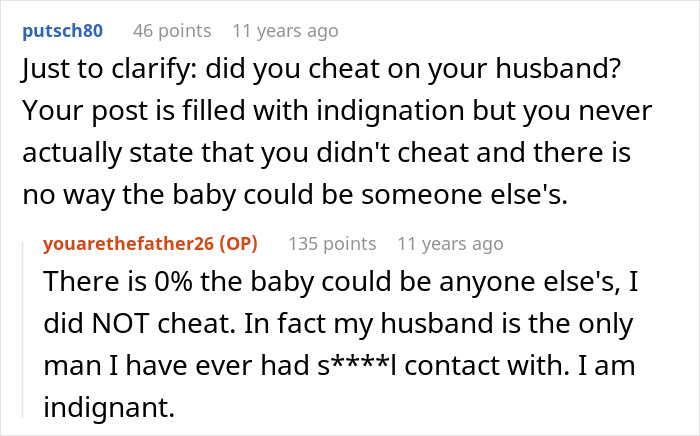 Reddit conversation discussing secret paternity test and trust issues between a man and his wife over a newborn baby.