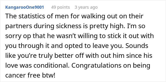 Comment discussing men abandoning partners during illness, emphasizing conditional love and resilience after hardship. Comment discussing men abandoning partners during illness, emphasizing conditional love and resilience after hardship.