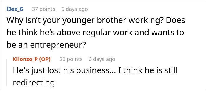 Comment discussion about brother inherited land and money involving work and business challenges.