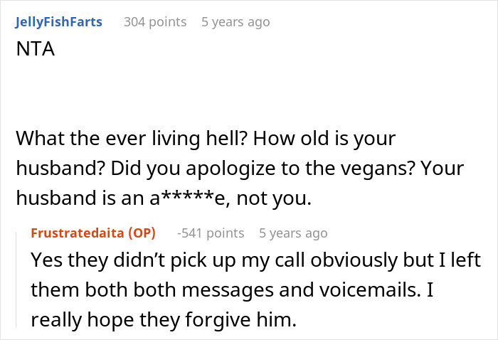 Screenshot of a forum discussion where a user criticizes a vegan-hating husband and the wife defends him in comments.