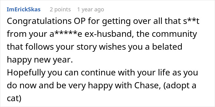 Comment praising a woman for overcoming a horrible, cheating jerk ex-husband and finding happiness with a new partner.