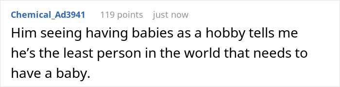 Screenshot of a social media comment about a husband wanting to father a child, hinting at a dark and twisted secret.