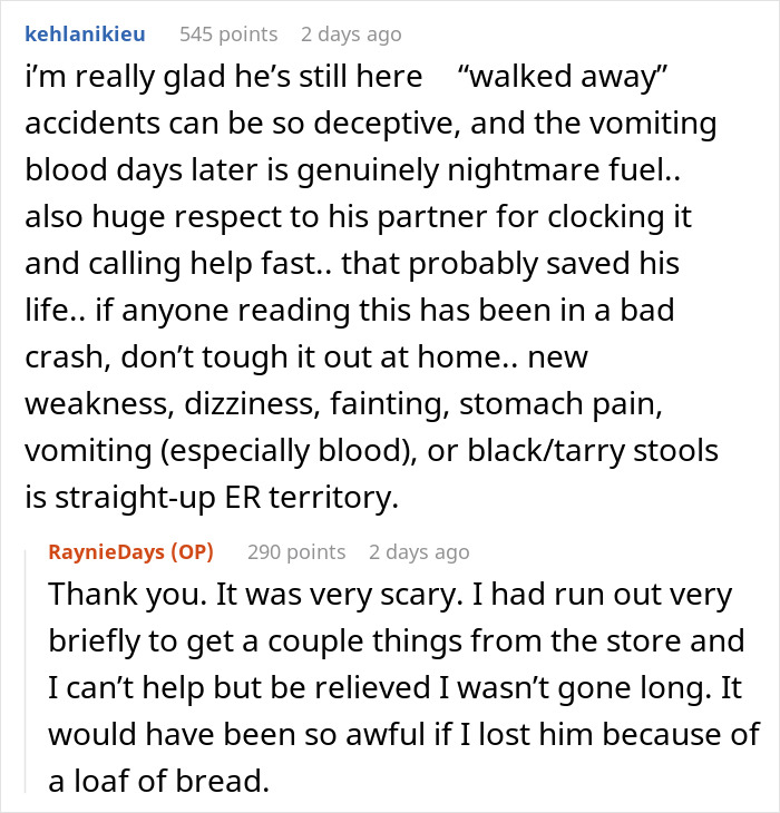 Alt text: Reddit comment warning about coughing up blood and symptoms days after a car accident, urging others to take crashes seriously